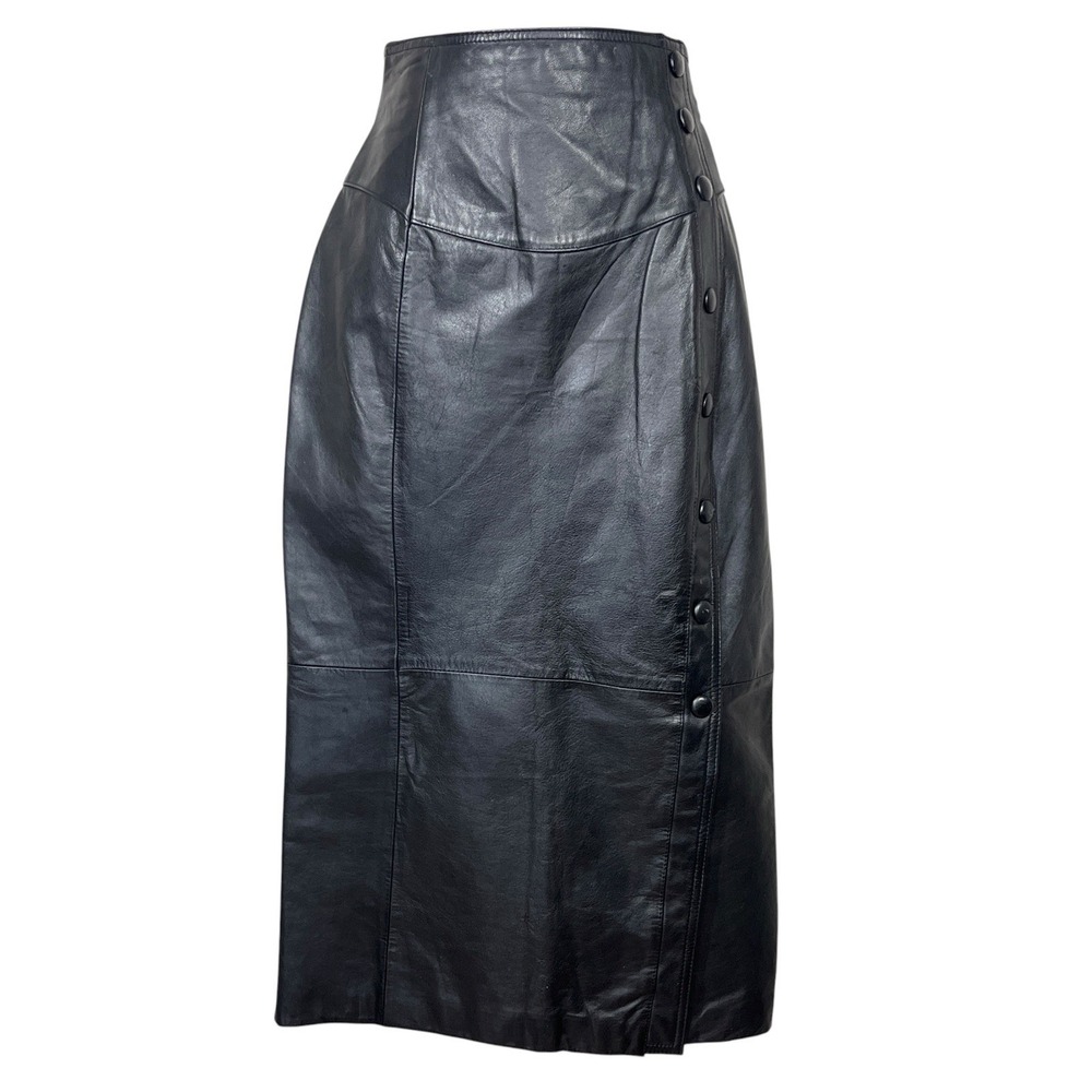 Wilsons 100% Leather Pencil Midi Skirt Size 6 Black Snap Slit Chic Vintage